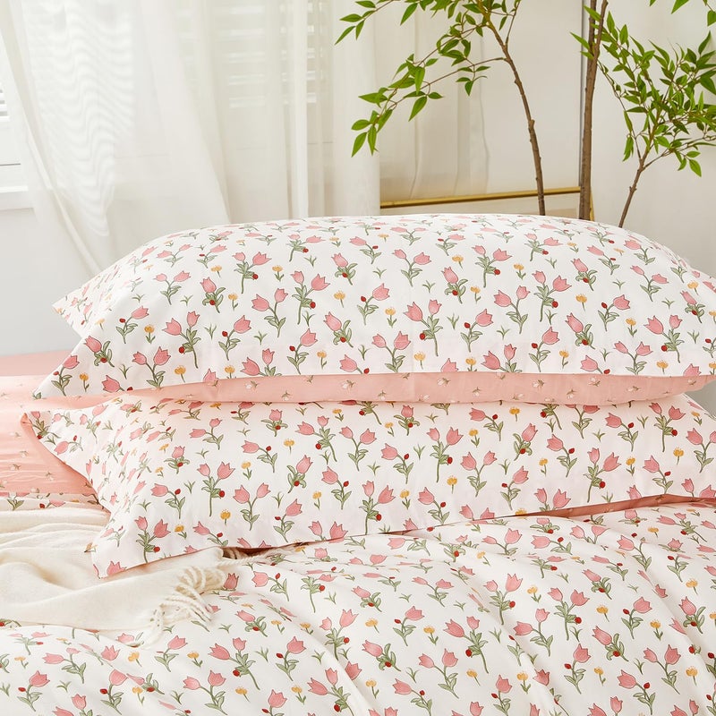 SAPHREAS Pink Bellflower Duvet Cover Set Full Size 3pcs Garden Style Blossom Floral Bedding Comforter Cover Set 100% Cotton 1 Duvet Cover 90"x80" 2 Pillow Shams, Comforter Not Included - Image 3