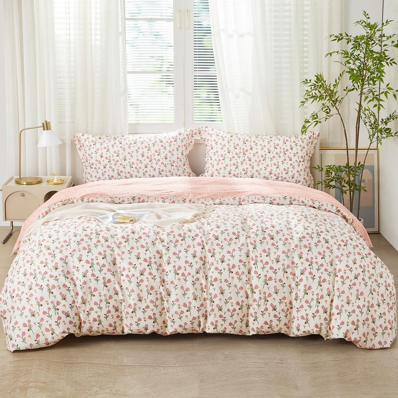 SAPHREAS Pink Bellflower Duvet Cover Set Full Size 3pcs Garden Style Blossom Floral Bedding Comforter Cover Set 100% Cotton 1 Duvet Cover 90"x80" 2 Pillow Shams, Comforter Not Included - Image 1