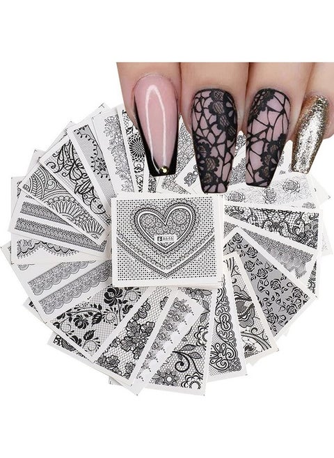 Lace Flower Nail Art Stickers Water Transfer Nail Decals Design Decorate 24 Sheets Diy Black Lace Flowers Butterfly Designs For Nails Accessories For Women Girl Manicure Tips Nail Decor