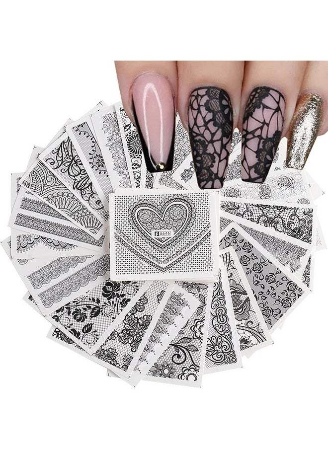 WEYATO - Lace Flower Nail Art Stickers Water Transfer Nail Decals Design Decorate 24 Sheets Diy Black Lace Flowers Butterfly Designs For Nails Accessories For Women Girl Manicure Tips Nail Decor - Image 1