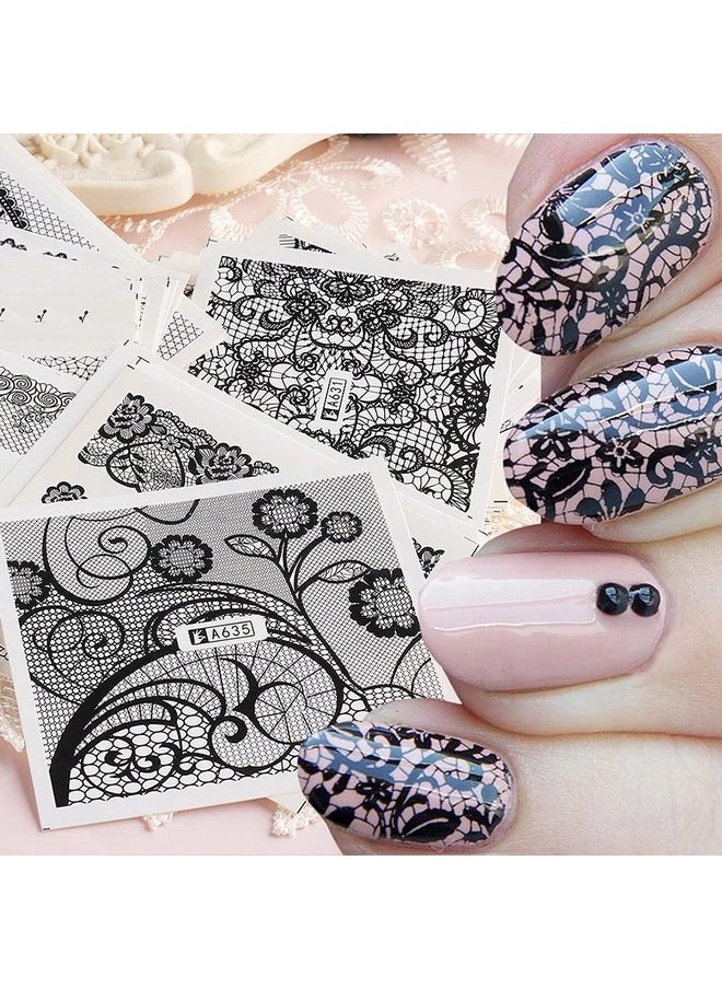 WEYATO - Lace Flower Nail Art Stickers Water Transfer Nail Decals Design Decorate 24 Sheets Diy Black Lace Flowers Butterfly Designs For Nails Accessories For Women Girl Manicure Tips Nail Decor - Image 1