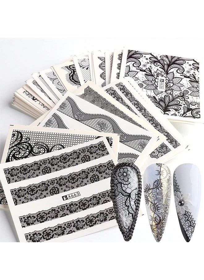 WEYATO - Lace Flower Nail Art Stickers Water Transfer Nail Decals Design Decorate 24 Sheets Diy Black Lace Flowers Butterfly Designs For Nails Accessories For Women Girl Manicure Tips Nail Decor - Image 1