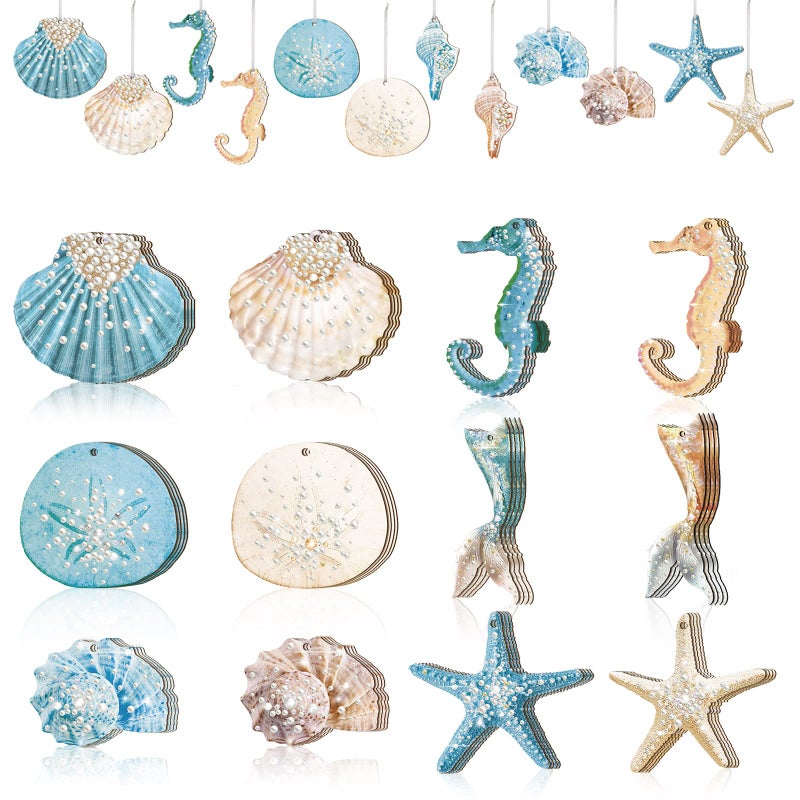 Kathfly 48 Pcs Summer Ocean Themed Decor Seashell Seahorse Hanging Ornaments Nautical Sea Animal Decor Tree Ornaments with Ropes Coastal Christmas Tree Ornaments for Home Weeding Birthday Party Decorations - Image 2