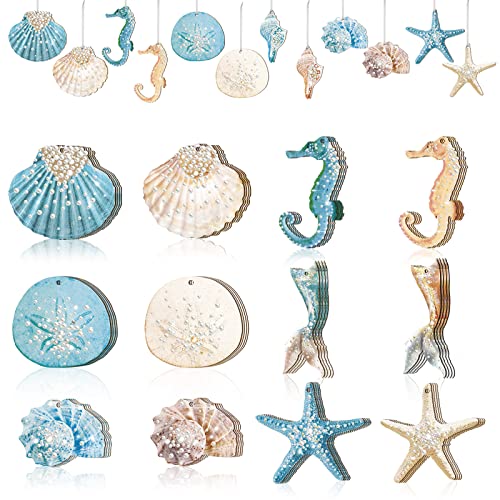 Kathfly 48 Pcs Summer Ocean Themed Decor Seashell Seahorse Hanging Ornaments Nautical Sea Animal Decor Tree Ornaments with Ropes Coastal Christmas Tree Ornaments for Home Weeding Birthday Party Decorations - Image 1