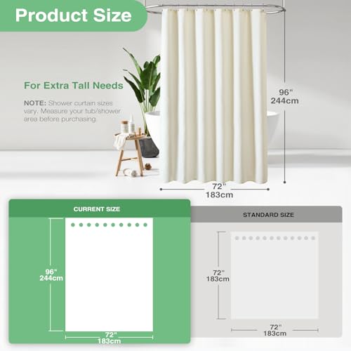 Dynamene Extra Long Shower Curtain,96 Inch Long Waffle Weave Weighted Thick Cloth Bathroom Shower Curtain, Neutral Heavy Duty Hotel Bath Curtain Set with 12 Plastic Hooks,72x96,Cream/Ivory - Image 3