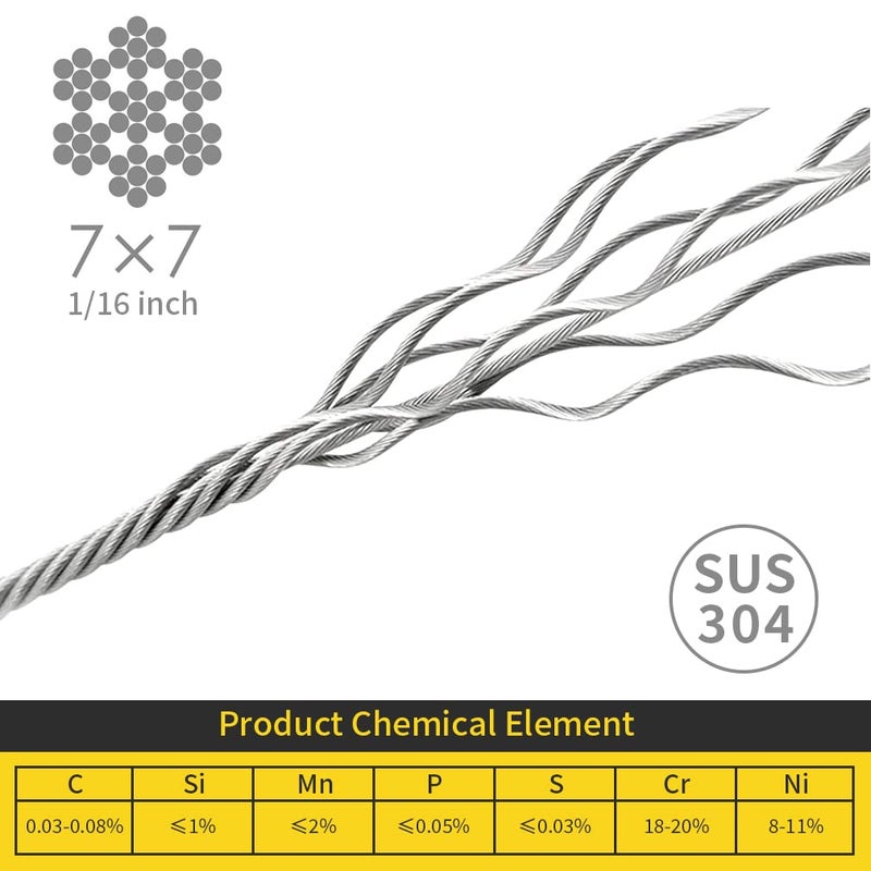Monkemon 1/16 Wire Rope, 200FT 304 Stainless Steel Cable with 100Pcs Crimp Sleeves, Aircraft Grade, 7x7 Strand, 368lbs Breaking Strength, for Garden Trellis, Clothesline, Railing,Trellis - Image 2