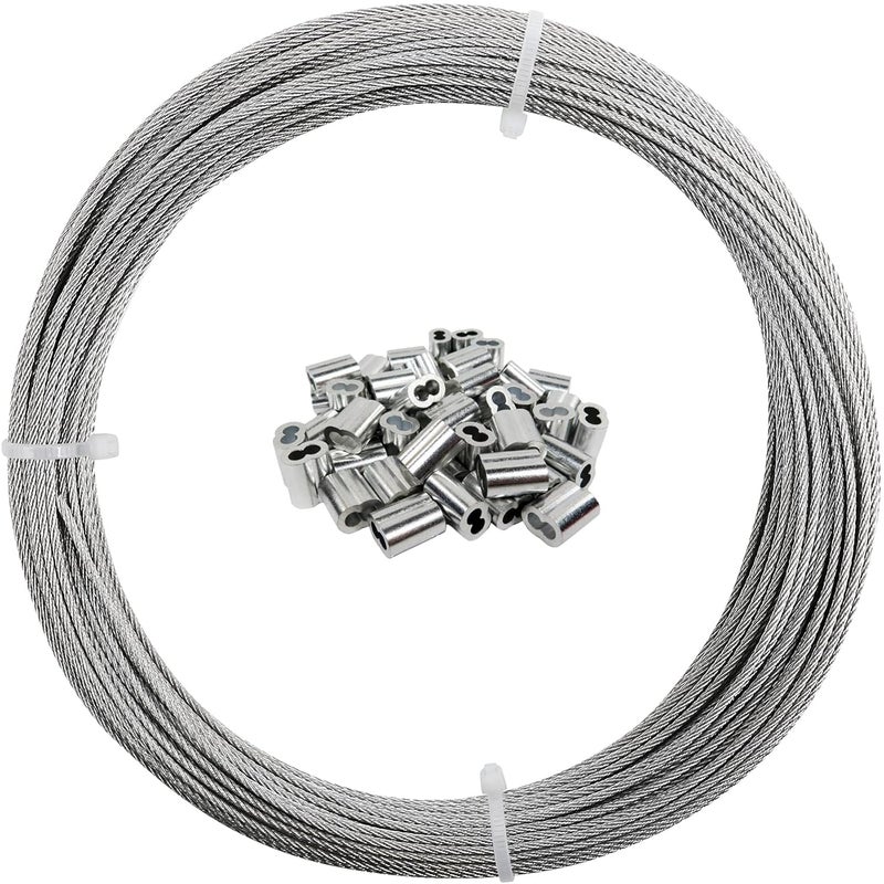 Monkemon 1/16 Wire Rope, 200FT 304 Stainless Steel Cable with 100Pcs Crimp Sleeves, Aircraft Grade, 7x7 Strand, 368lbs Breaking Strength, for Garden Trellis, Clothesline, Railing,Trellis - Image 1