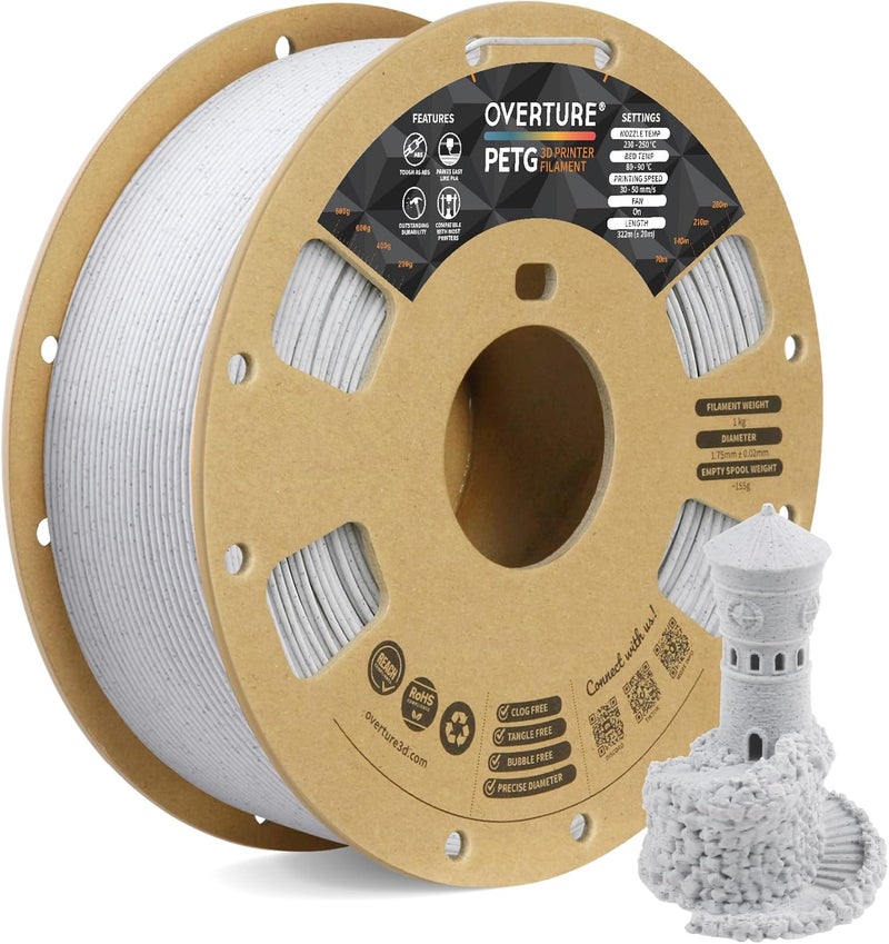 OVERTURE Rock PETG 3D Printer Filament 1.75mm, Neatly Wound Durable PETG 1kg Spool (2.2lbs), Strong Toughness Filament, Dimensional Accuracy +/- 0.02mm, Fit Most FDM Printers (Rock White) - Image 1