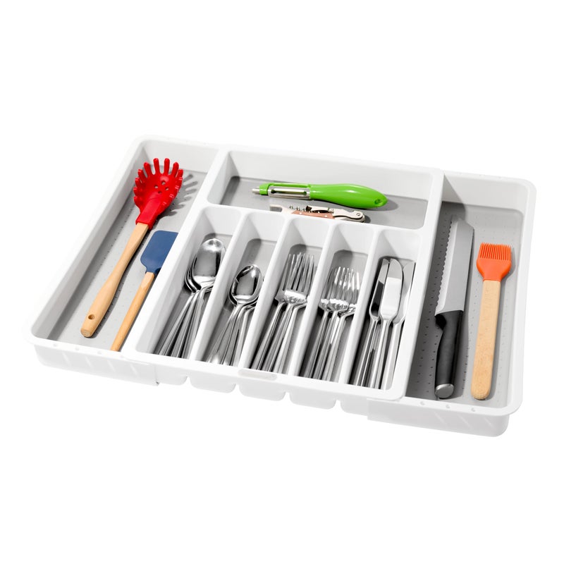 صينية فضيات ميدسمارت البيضاء القابلة للتوسيع مجموعة كلاسيكية 8 أقسام رموز للمساعدة في فرز أدوات المائدة أدوات المائدة بطانة ناعمة خالية من BPA