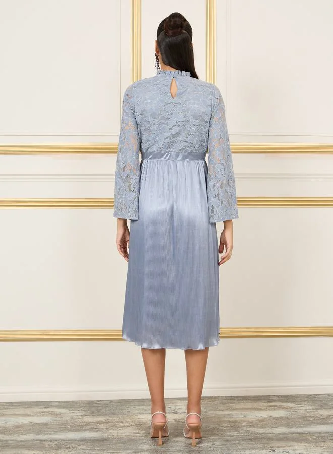 Styli Lace Detail Satin Pleated Hem A-Line Midi Dress