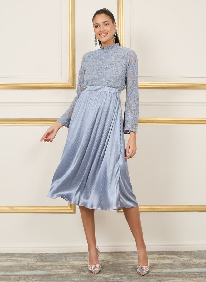 ستايلي فستان ميدي بتفاصيل دانتيل وحافة مطوية من الساتان بتصميم - - Image 1