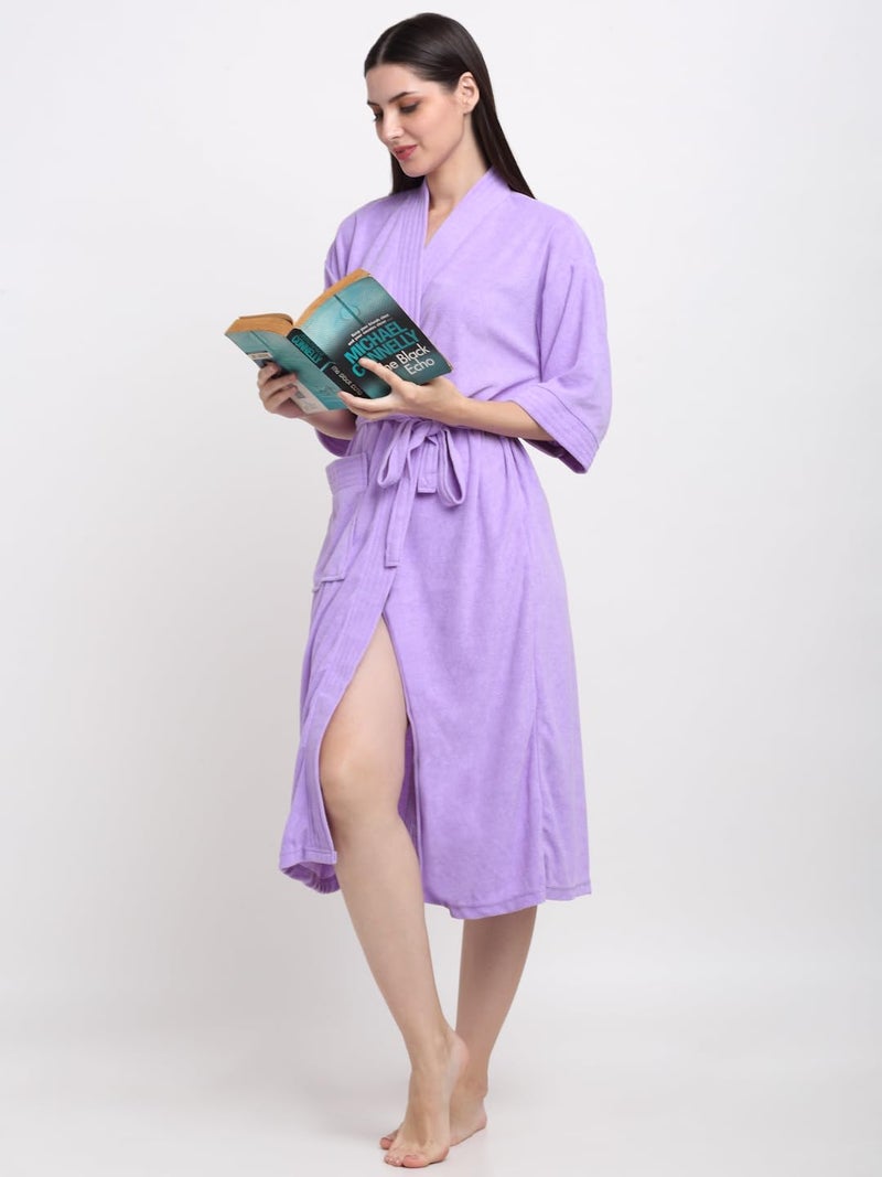 CREEVA Everyday Unisex Micro Terry Bathrobe Collection With kimono collar and 1 Pocket, 3/4 Sleeve Bath Robe Super Soft Light Weight - Lilac - Image 4
