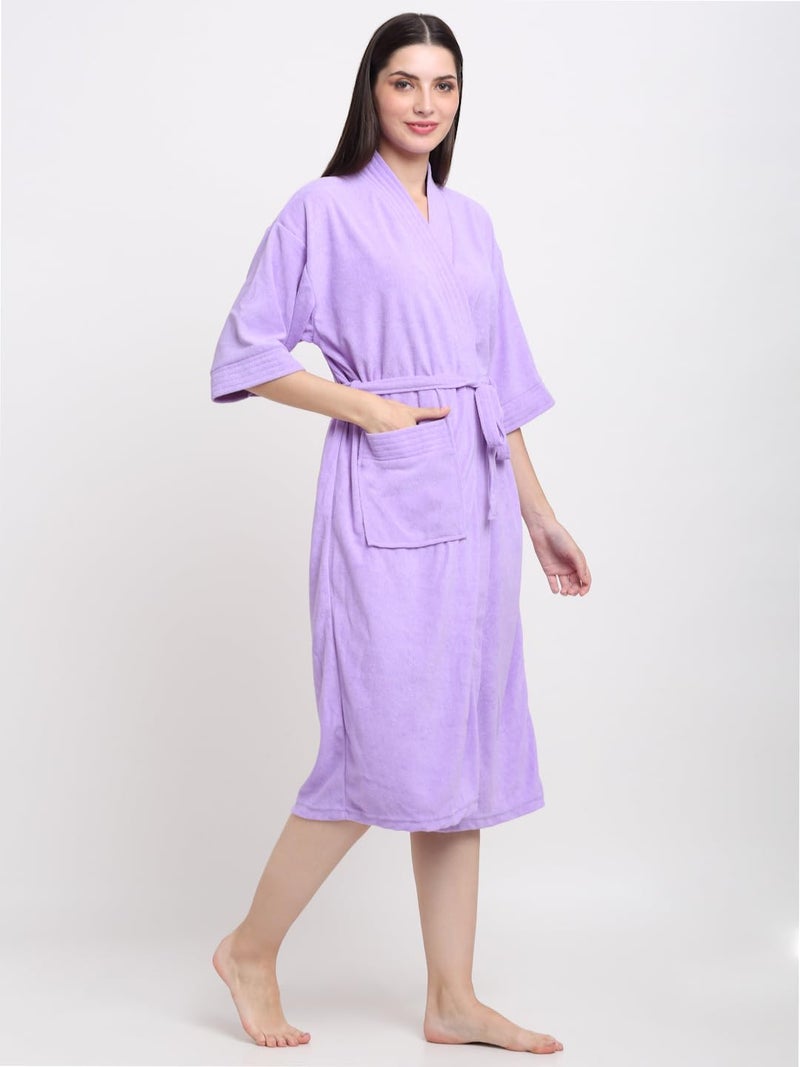 CREEVA Everyday Unisex Micro Terry Bathrobe Collection With kimono collar and 1 Pocket, 3/4 Sleeve Bath Robe Super Soft Light Weight - Lilac - Image 2