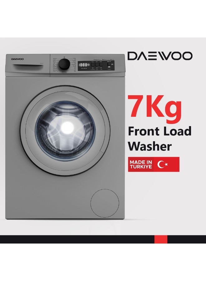 DAEWOO 7KG Front Load Washing Machine, 1200 RPM, Universal Motor, 15 Programs, Fully Automatic Washer, Child Lock, 90° Hygiene, Quick Wash 15Min, LED Display, DWD-7S1211- Silver -Türkiye- 1Year Warranty - Image 2