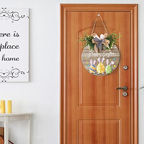 Harooni Happy Easter Wooden Hanging Sign Colorful Eggs Bunny Sign Door Decoration Rustic Easter Wood Wreath Sign for Spring Holiday Front Door Wall Rustic Farmhouse Porch Decor 12 x 12 Inch - Image 5
