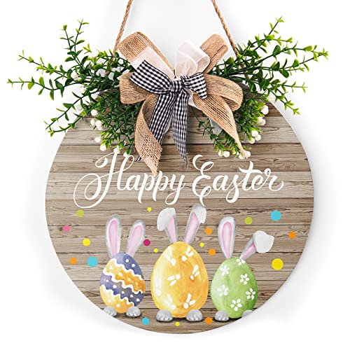 Harooni Happy Easter Wooden Hanging Sign Colorful Eggs Bunny Sign Door Decoration Rustic Easter Wood Wreath Sign for Spring Holiday Front Door Wall Rustic Farmhouse Porch Decor 12 x 12 Inch - Image 1