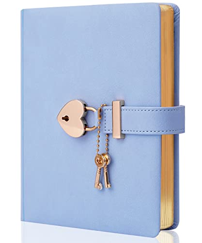 CAGIE Diary with Lock and Key for Girls Ages 8-12 Journal with Lock 296 Gold Edged Pages Heart-Shaped Locked Journal for Women Teen Girls with Gift Box, 5.3 x 7 Inch, Blue - Image 1