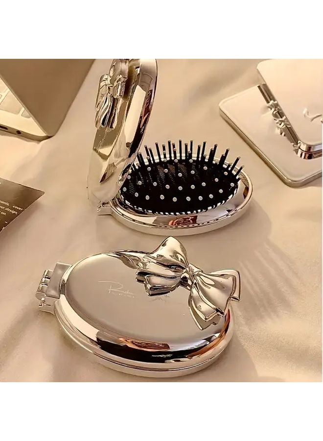 Silvery Elegant Bow Hair Brush With Mirror Portable Foldable Travel Comb Nylon Bristles Air Cushion - Image 2
