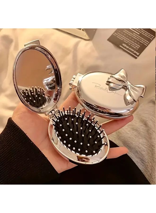 Silvery Elegant Bow Hair Brush With Mirror Portable Foldable Travel Comb Nylon Bristles Air Cushion - Image 1