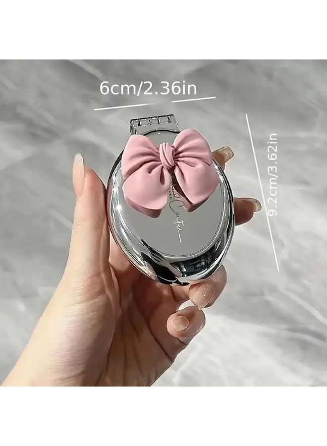 Silvery Elegant Bow Hair Brush With Mirror Portable Foldable Travel Comb Nylon Bristles Air Cushion - Image 4