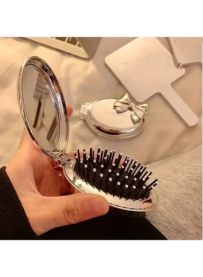 Silvery Elegant Bow Hair Brush With Mirror Portable Foldable Travel Comb Nylon Bristles Air Cushion - Image 5