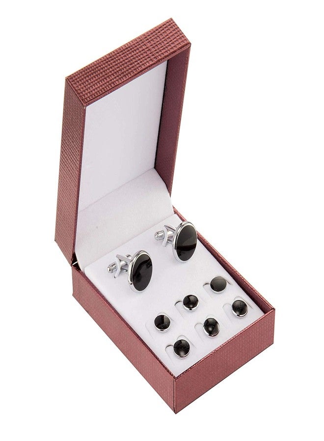 UJOY Unisex Non precious metal Mother of Pearl Tuxedo Cufflinks and Shirt Studs (Black in Silver) - Image 2