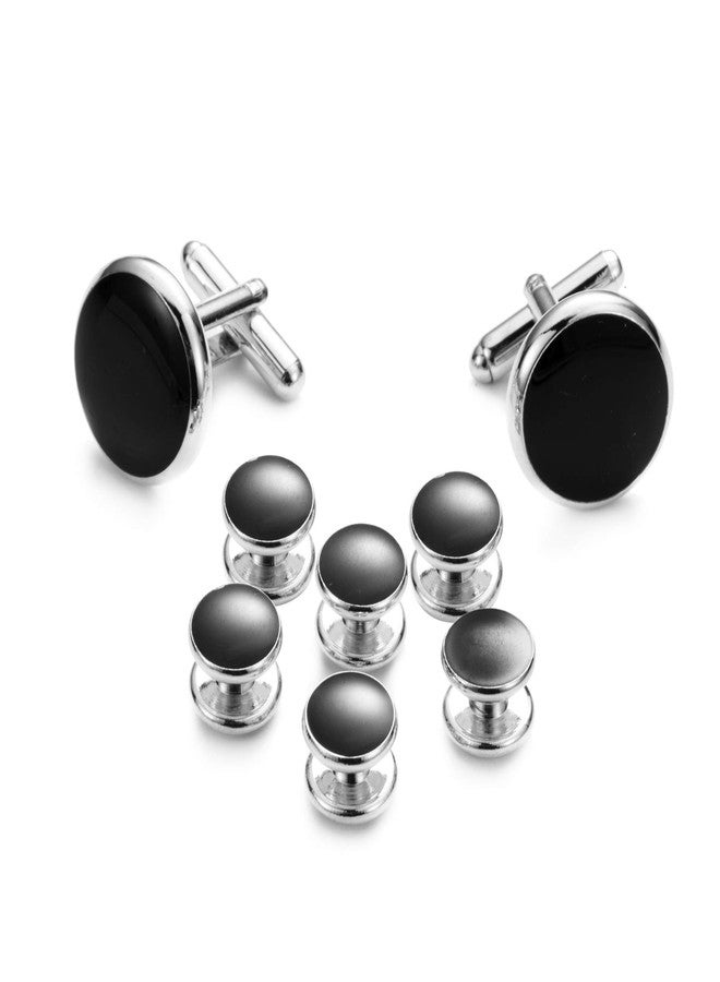 UJOY Unisex Non precious metal Mother of Pearl Tuxedo Cufflinks and Shirt Studs (Black in Silver) - Image 1