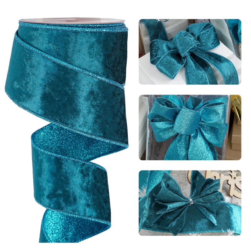 HUIHUANG Velvet Wired Ribbon 25 Inch Wide Teal Turquoise Blue Metallic Glitter for Christmas Tree Wreaths Gift Wrapping Bows Garlands Home Decor Crafts 10 Yards