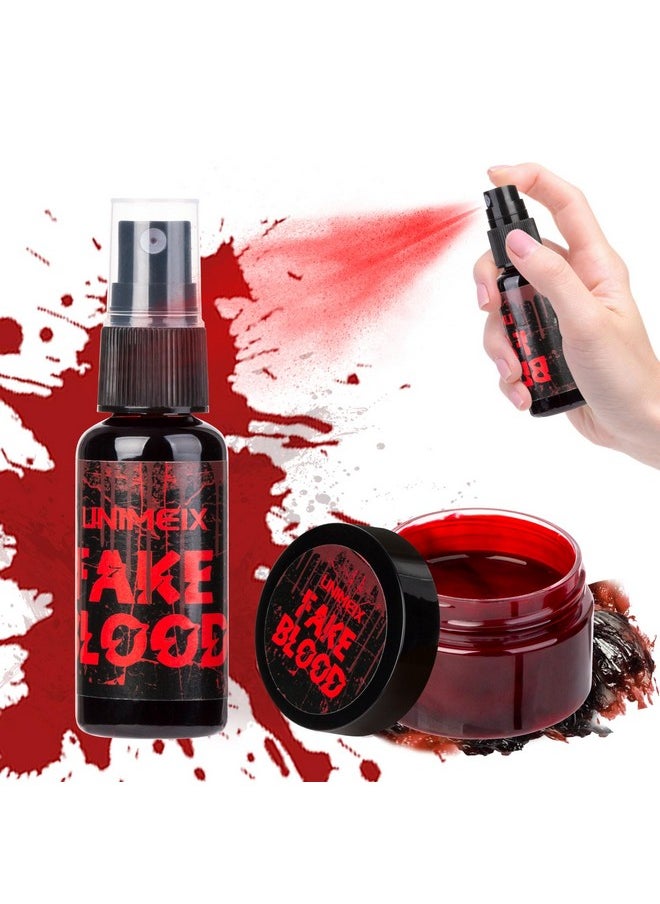 UNIMEIX 1 Oz Fake Blood Spray And 1 Oz Gel Fake Blood Makeup Kit Washable Sfx Makeup For Clothes Mouth Eyes，Stage Blood For Halloween Zombie Vampire Cosplay Party  - Image 1