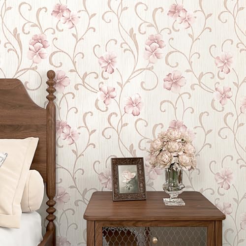 WESTICK Pink Neutral Wallpaper Floral Peel and Stick Wallpaper for Bedroom Vintage Floral Contact Paper Self Adhesive Hibiscus Flower Wall Paper for Living Room Bathroom Playroom Cabinets 175 x 100 - Image 1