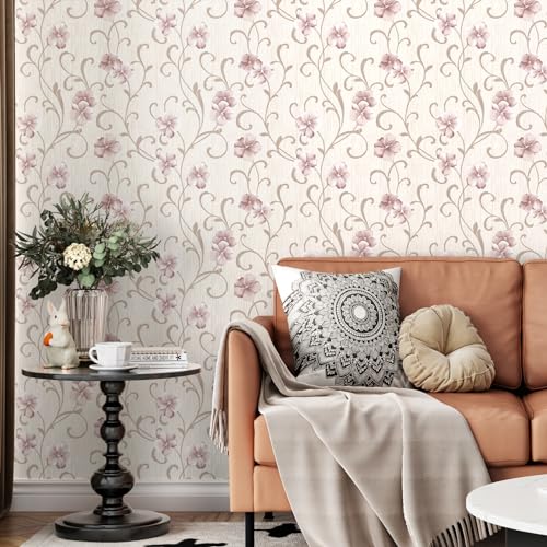 WESTICK Pink Neutral Wallpaper Floral Peel and Stick Wallpaper for Bedroom Vintage Floral Contact Paper Self Adhesive Hibiscus Flower Wall Paper for Living Room Bathroom Playroom Cabinets 175 x 100 - Image 3