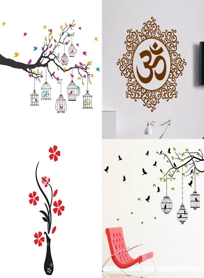 Merical PVC Vinyl Self-Adhesive Branches Flowers & Bird Cages, Designer Om, Flower Vase Red, Flying Birds & Cage Wall Sticker for Kids Room Decoration, Home Décor, Living Room, Hall (Set of 4) - Image 1