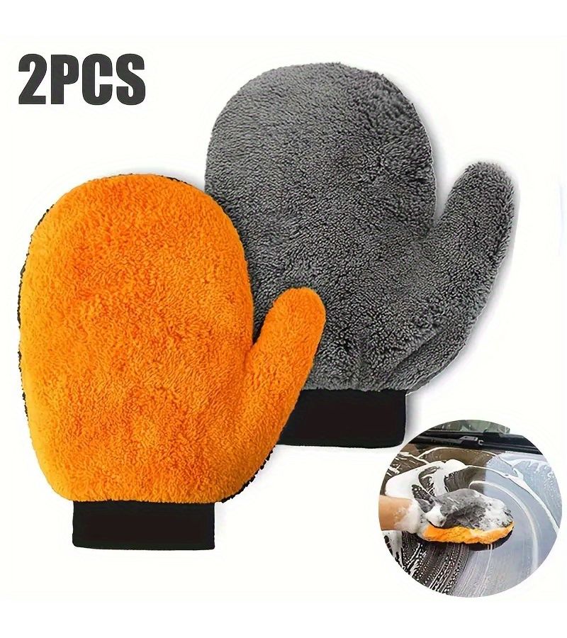 2 Pack Ultra Soft Microfiber Car Wash Gloves Scratch Resistant Dual Purpose for Interior and Exterior Cleaning Ergonomic Design Yellow Gray Two Tone Velvet Texture Car Cleaning Accessories - Image 2
