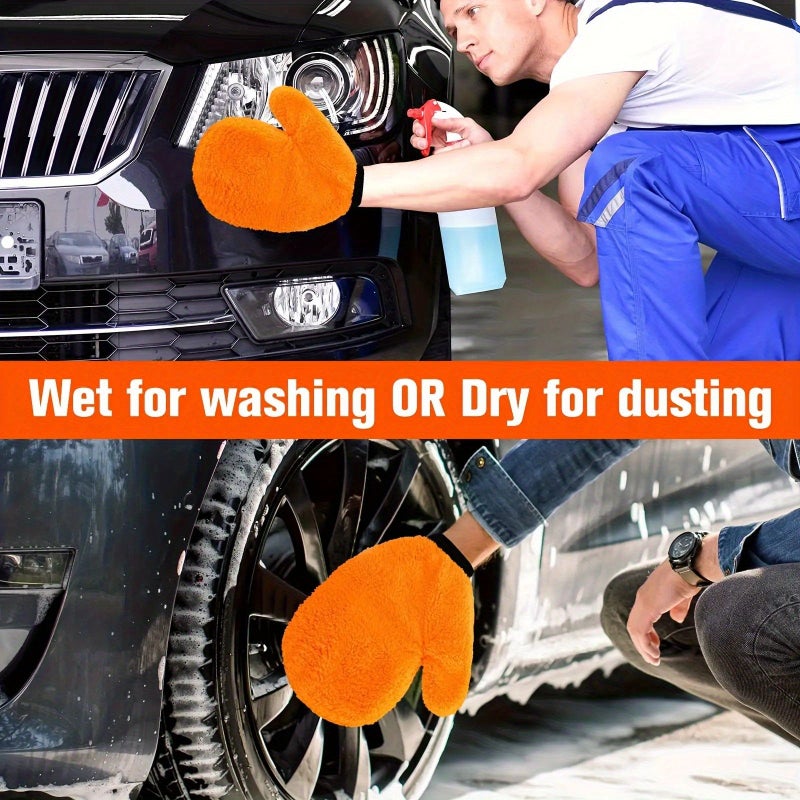 2 Pack Ultra Soft Microfiber Car Wash Gloves Scratch Resistant Dual Purpose for Interior and Exterior Cleaning Ergonomic Design Yellow Gray Two Tone Velvet Texture Car Cleaning Accessories - Image 1