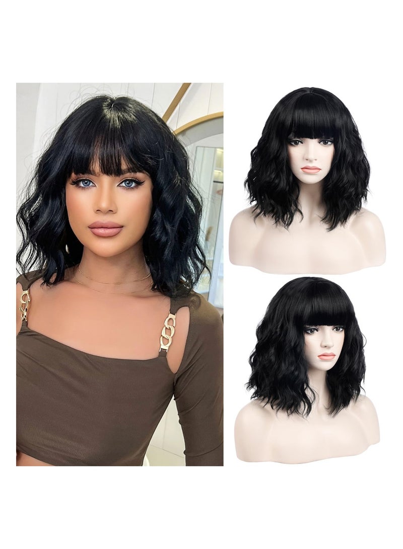 إستيل شعر مستعار مصنوع من الألياف المقاومة للحرارة مع غرة للنساء، شعر مستعار كامل ذو مظهر طبيعي (أسود مموج) - Image 1