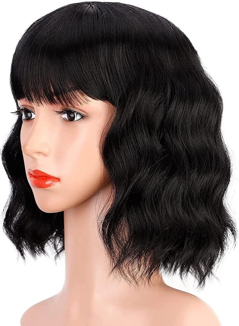 إستيل شعر مستعار مصنوع من الألياف المقاومة للحرارة مع غرة للنساء، شعر مستعار كامل ذو مظهر طبيعي (أسود مموج) - Image 2