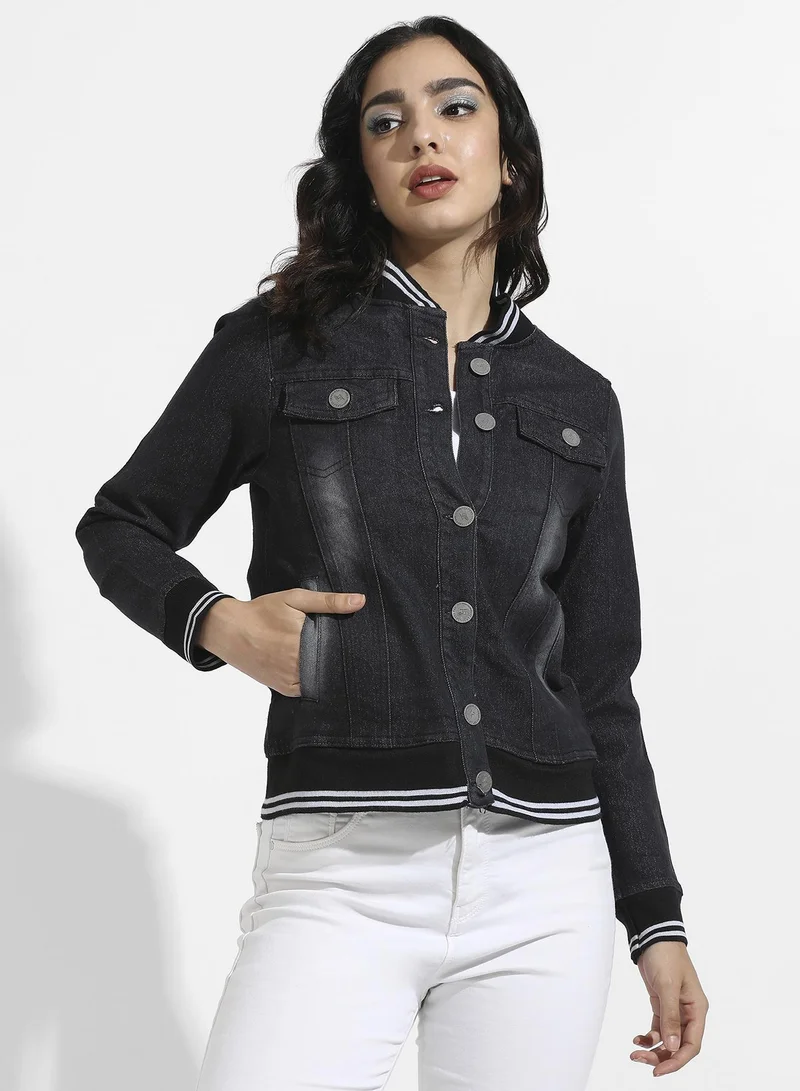 Pinacolada  Women's Black Denim Jacket With Contrast Striped Hem for Women | Best Price UAE