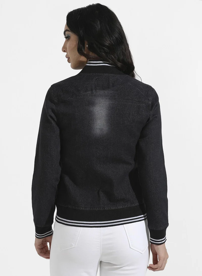 Pinacolada  Women's Black Denim Jacket With Contrast Striped Hem for Women | Best Price UAE