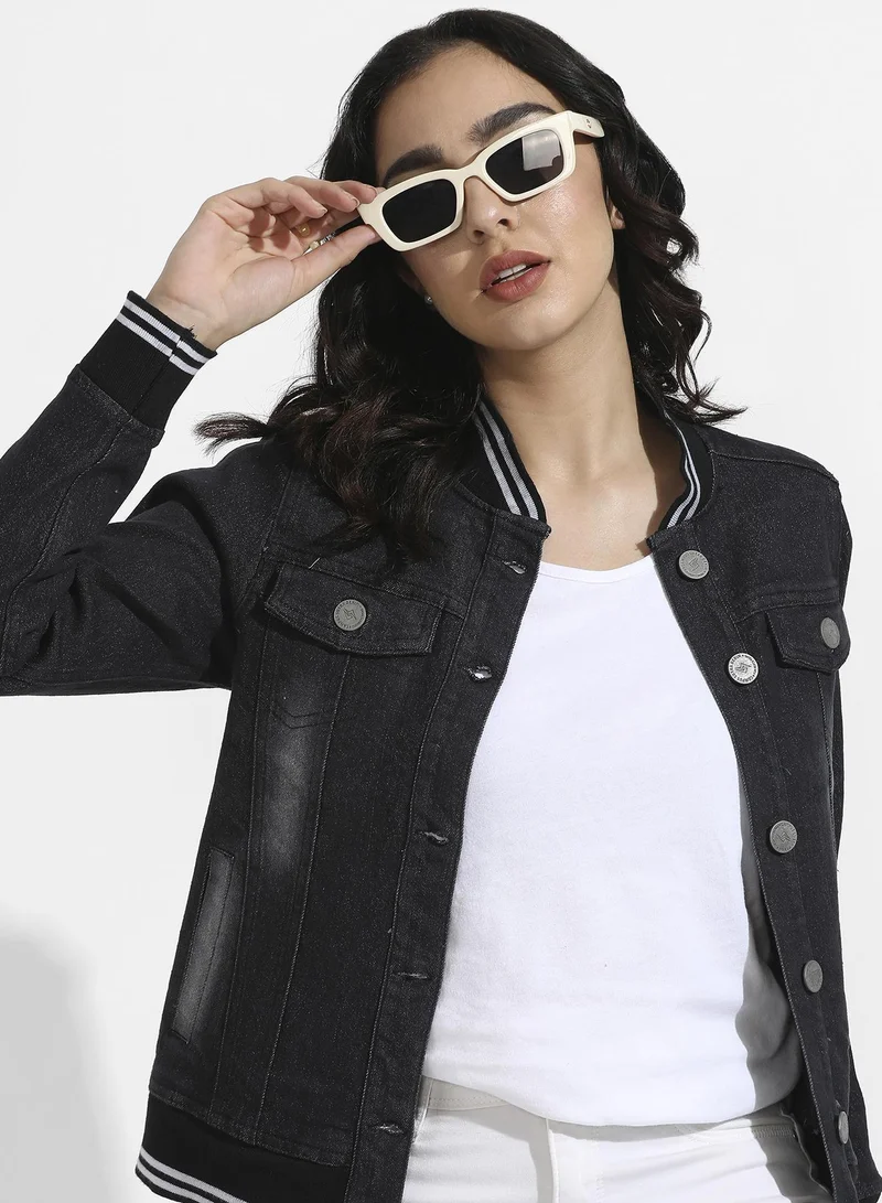Women's Black Denim Jacket With Contrast Striped Hem