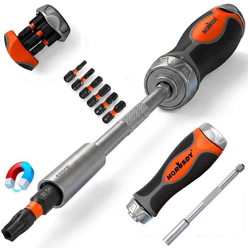 HORUSDY 6in1 Ratcheting Screwdriver Set Magnetic MultiBit Screwdriver with Builtin Premium S2 Bits 126mm Extension Bar Dad Mens Gifts for Christmas AllinOne Tool for Home Repair DIY - Image 2