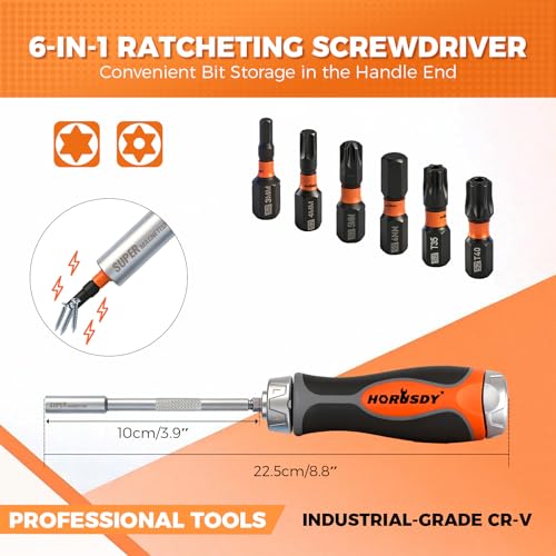 HORUSDY 6in1 Ratcheting Screwdriver Set Magnetic MultiBit Screwdriver with Builtin Premium S2 Bits 126mm Extension Bar Dad Mens Gifts for Christmas AllinOne Tool for Home Repair DIY - Image 3