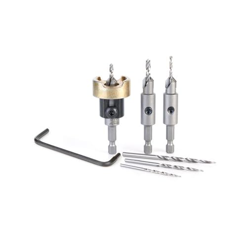 Amana Tool Countersink with Adjustable Drill Bit Depth Stop and Ball Bearing Set, Quick Release Shank and Replacement HSS Drills, AMS-628, 6-Pc - Image 1
