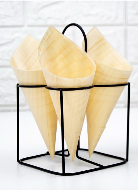 Wooden Cone Set With Metal Stand Ice Cream Or Food Paper Cone With Holder Display Rack Server Stand For Home Kitchen And Commercial Use