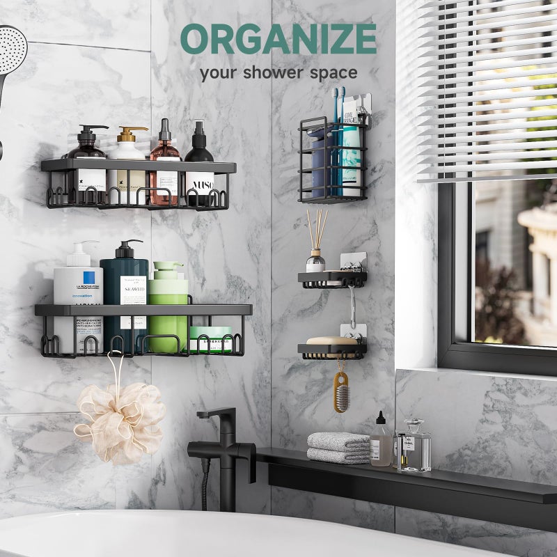 Veken Adhesive Shower Caddy 5-Pack,Heavy Weight Bearing,Large Wall Mounted Shower Shelves Rack,Organizer Storage Accessories with Soap Dish&Toothbrush Holder,Ideal for Bathroom,Home&Kitchen,Black - Image 5