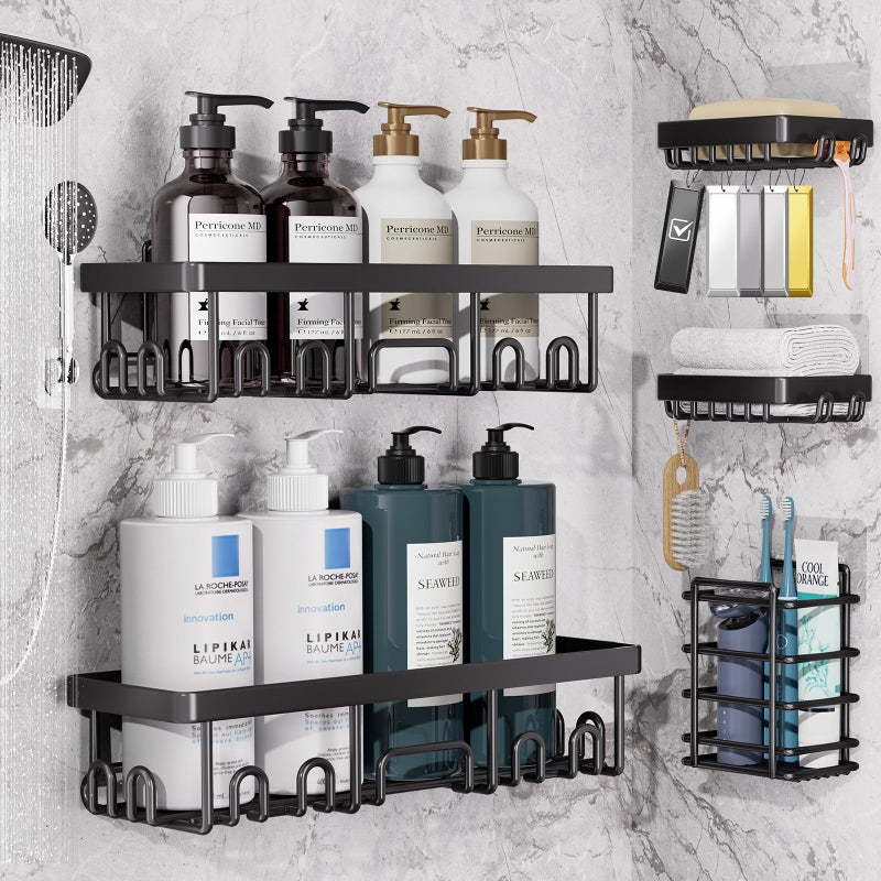 Veken Adhesive Shower Caddy 5-Pack,Heavy Weight Bearing,Large Wall Mounted Shower Shelves Rack,Organizer Storage Accessories with Soap Dish&Toothbrush Holder,Ideal for Bathroom,Home&Kitchen,Black - Image 1
