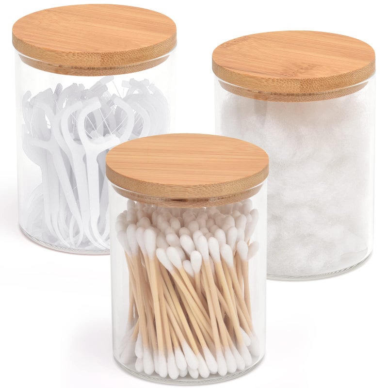BKYFPQ 3 Pack Glass Qtip Holder Dispenser Set - Apothecary Jars with Lids for Vanity Makeup Organizer - Bathroom Canister Storage Organizer for Cotton Ball,Swab,Round Pads,Floss - Image 1
