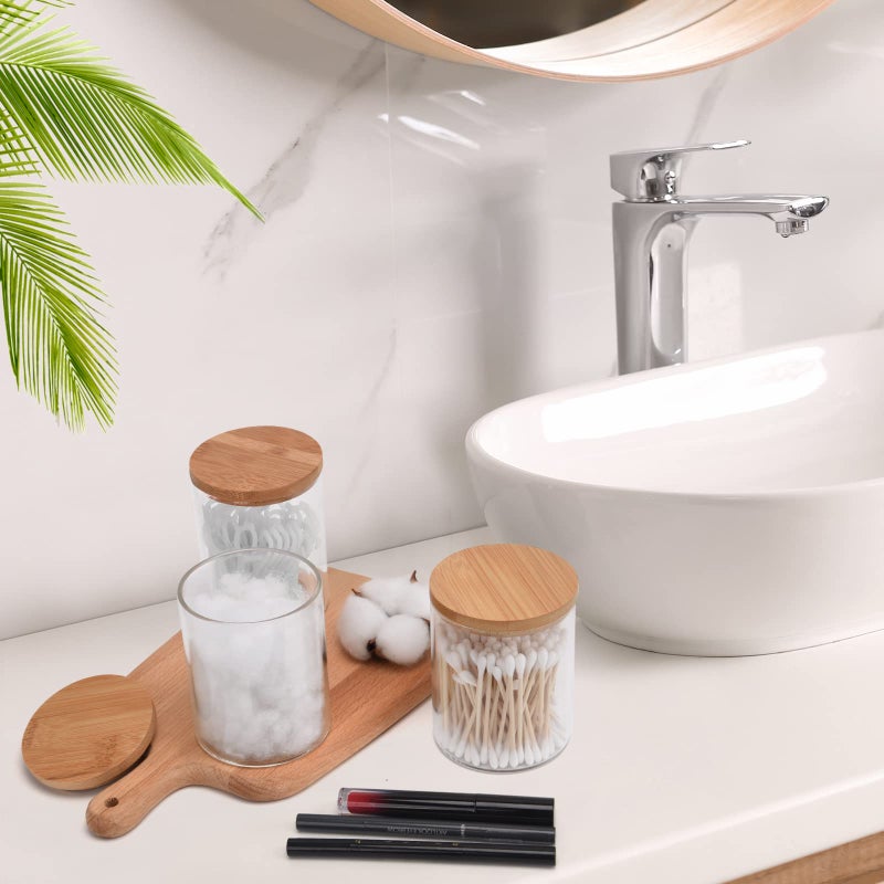 BKYFPQ 3 Pack Glass Qtip Holder Dispenser Set - Apothecary Jars with Lids for Vanity Makeup Organizer - Bathroom Canister Storage Organizer for Cotton Ball,Swab,Round Pads,Floss - Image 5