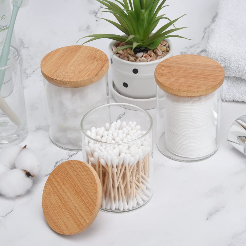 BKYFPQ 3 Pack Glass Qtip Holder Dispenser Set - Apothecary Jars with Lids for Vanity Makeup Organizer - Bathroom Canister Storage Organizer for Cotton Ball,Swab,Round Pads,Floss - Image 3