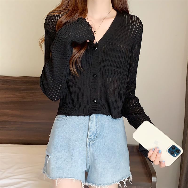 ICW Women's Knitted Ribbed Cardigan Long-Sleeve V-Neck Button-Up Shrug Jacket Top Dn85 (in, Alpha, M, Regular, Black) - Image 4