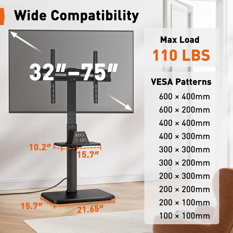 Perlegear Floor TV Stand with Power Outlet, Universal TV Stand for 32-75 inch TVs up to 110 lbs, Height Adjustable Standing TV Mount, Tall TV Mount with Wood Base, Max VESA 600x400mm, PGFS06 - Image 2